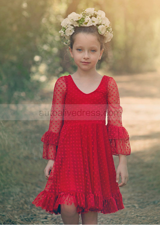 Long Bell Sleeves Red Heart Print Lace Cute Flower Girl Dress